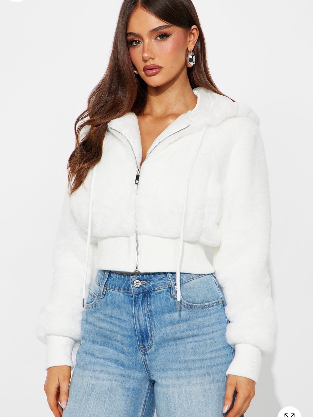 Fashion Nova White Faux Fur Hooded Zip Crop Jacket